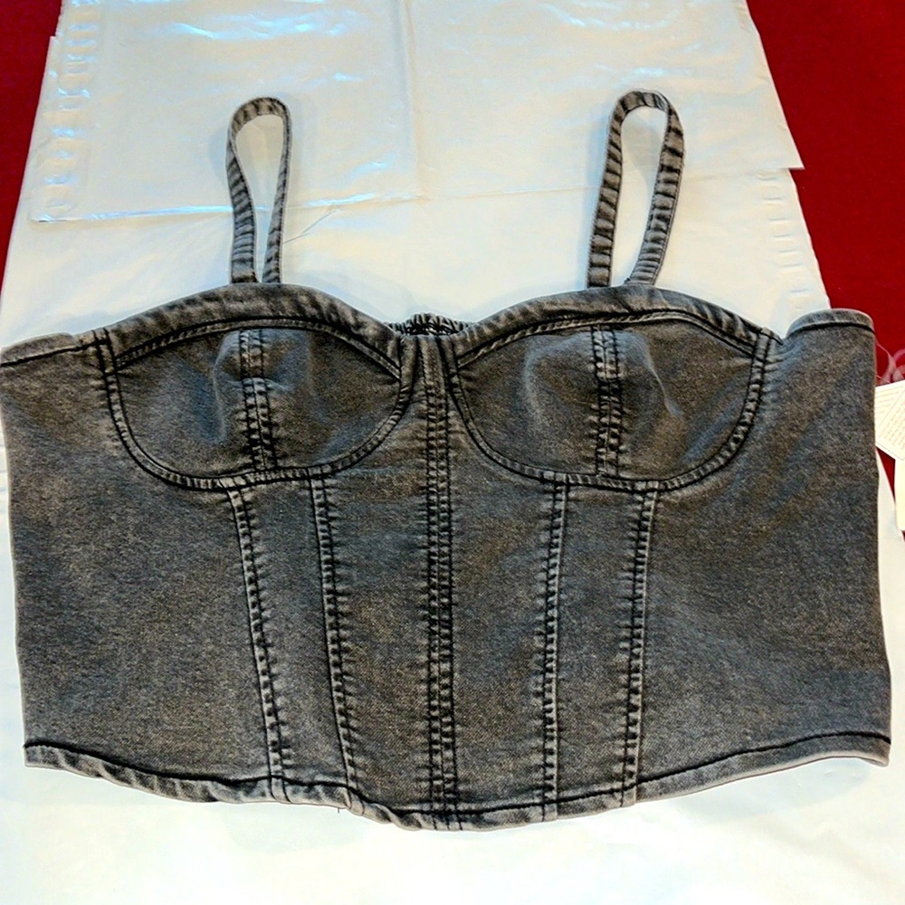 BLACK denim CORSET crop top NEW 3XL stretchy y2k,  sexy shoulder straps, size 21